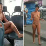 Morena desnuda en el autobús y en las calles del barrio